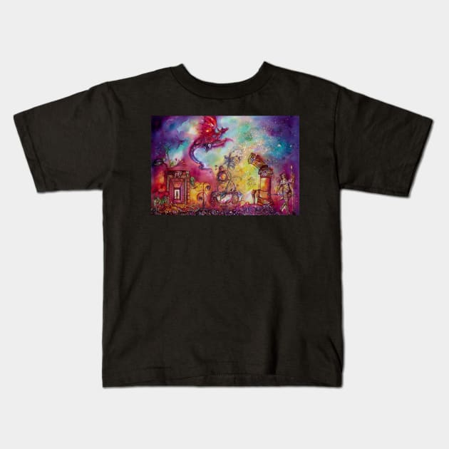 GARDEN OF THE LOST SHADOWS ,FLYING RED DRAGON Kids T-Shirt by BulganLumini